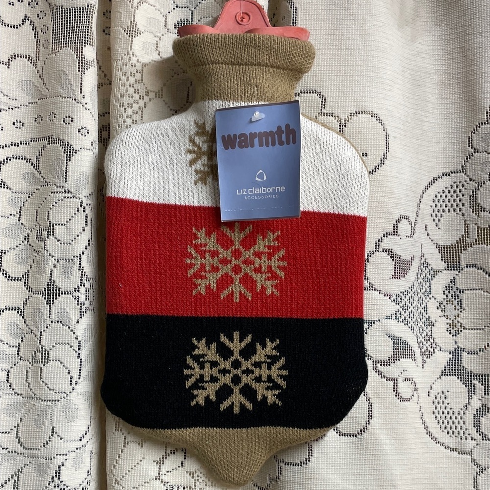 Liz Claiborne Red Black White Tan Snowflake Hot Water Bottle & Cover NWT